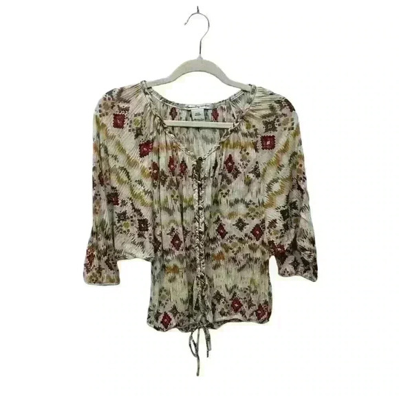 American Rag Womens M Multicolor Boho Button Up Blouse Short Sleeve Elastic Tie - Picture 2 of 10